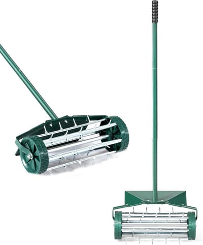 COSTWAY Gazonventilatorroller, gazonrol met steel, 3 cm spijkers en spatbescherming, handverticuteermachine rollend, gazonbeluchter handmatig, verticuteerder gazonwals voor tuin, erf, gazon