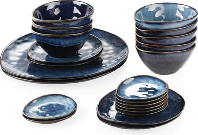 Luxe Serviesset - 22 delig - Porselein - Bordenset – Dinner platen – Dessertborden - Kommen - Schaaltjes - Blauw