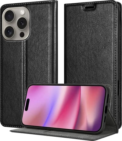 Cadorabo Hoesje geschikt voor Apple iPhone 16 PRO in ZWARTE NACHT - Beschermhoes met magnetische sluiting, standfunctie en kaartvakje Book Case Cover Etui
