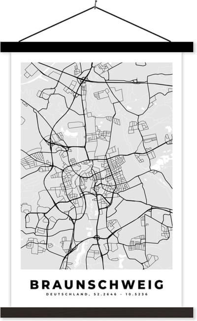 Posterhanger incl. Poster 40x60 cm - Schoolplaat - Duitsland - Stadskaart - Kaart - Plattegrond - Braunschweig - Textielposter - Zwarte latten - Stadskaart