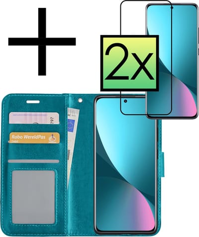 Hoesje - Met 2x Screenprotector - Geschikt voor Xiaomi 12X - Luxe Pasjeshouder - Bookcase Portemonee - Flip Case - Kunstleer Book Case - Flipcase Hoes - Book Cover - Walletcase - Portemonneehoes - Turquoise