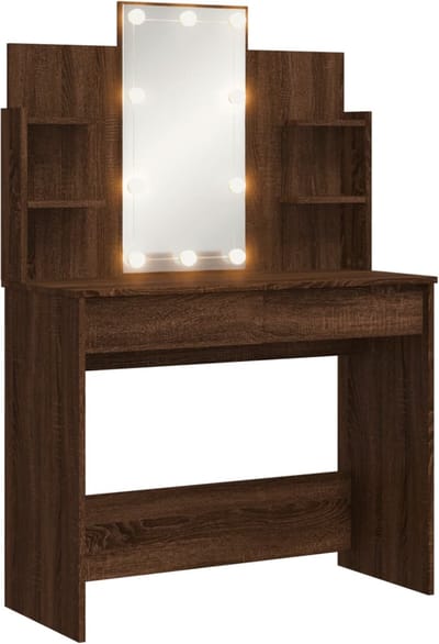 Kaptafel met spiegel en verlichting - Make up tafel - Make up - Toilettafel - Met lades - Bruin Eiken