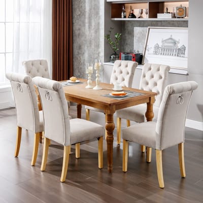 MODFU - Eetkamerstoelen Set Van 6 - Fluwelen Bekleding - Gecapitonneerde Rug - Modern - Eikenhouten Poten - Beige
