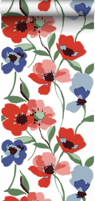 ESTAhome behang klaprozen rood, blauw en groen - 50 x 900 cm - 139289