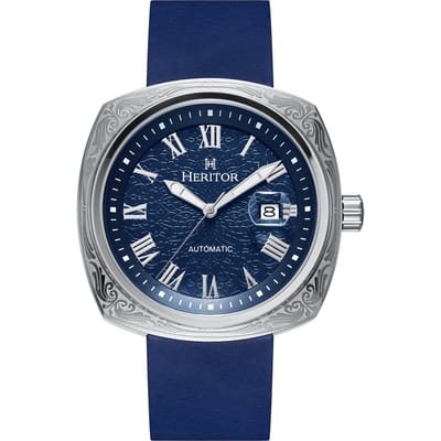 Heritor Automatic Davenport horloge met gegraveerde kast en leren band en datum - zilver/blauw