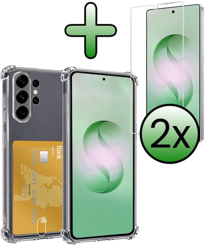 Hoesje Geschikt voor Samsung Galaxy S26 Ultra - Met 2x Screenprotector - Pashouder - Kaarthouder - Telefoon Hoes Shockproof - Siliconen Case - Back Cover - Shock Proof - Pasjes Houder - Transparant