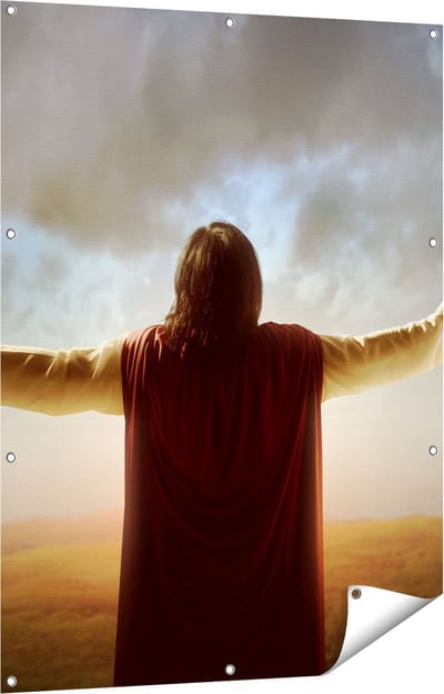 Gards Tuinposter Jezus Christus aan het Bidden bij Zonsopgang - 90x120 cm - Tuindoek - Tuindecoratie - Wanddecoratie buiten - Tuinschilderij