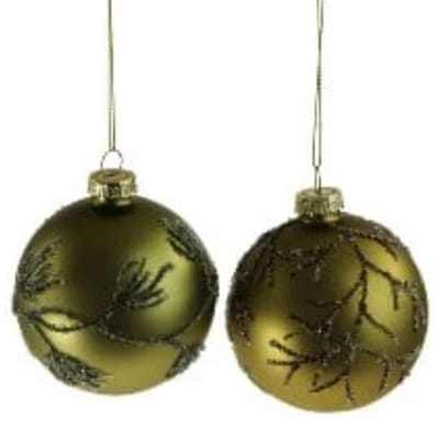 Kerstbal olijfgroen - glas - 8 cm - 2 stuks - Werner Voss