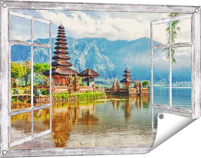 Gards Tuinposter Doorkijk Pura Tempel in Bali op het meer Beratan - 90x60 cm - Tuindoek - Tuindecoratie - Wanddecoratie buiten - Tuinschilderij