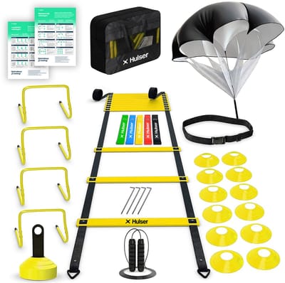 Hulser Sport Trainingsmateriaal - 26-delig - Geel - Voetbal spullen - Loopladder 6 meter - Weerstand parachute - Pionnen set - Trainingshoedjes - Horden - Springtouw - Weerstandsbanden - Training materiaal - Agility speed ladder - Running artikelen