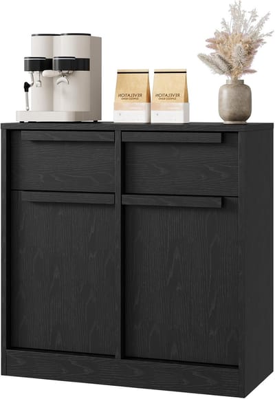 Landelijk Dressoir met 2 Lades - Houtlook Buffetkast / Opbergkast - Koffiemeubel - 80 cm Breed - Perenhout Kleur - Zwart
