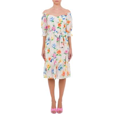 Moschino Off-the-shoulder Dress In Broderie Anglaise Flower Chiné Whi Size: 40 | Midi Dresses Outlet | Dames | Wit