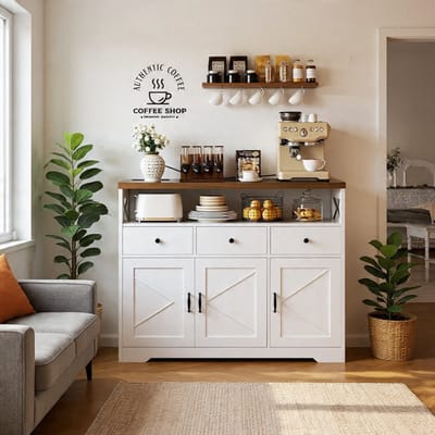 Modern Keukendressoir 107 cm – Sideboard met 3 Laden, 3 Deuren, Stopcontact, USB & USB-C – Multifunctionele Koffiebar, Opbergkast en Buffetkast voor Keuken, Woonkamer en Eetkamer – Wit-NoviHome