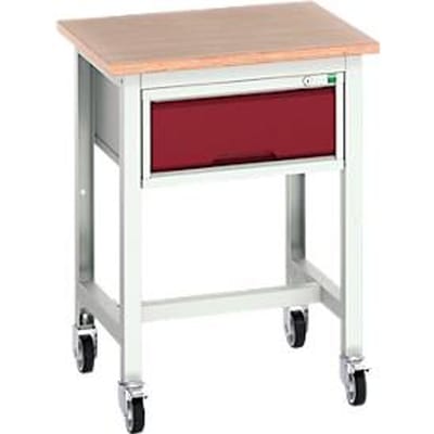 Bott verso verrijdbare werkbank, multiplexplaat, met kruisschoorset, 1 lade, B 700 x D 600 x H 930 mm, lichtgrijs/paarsrood