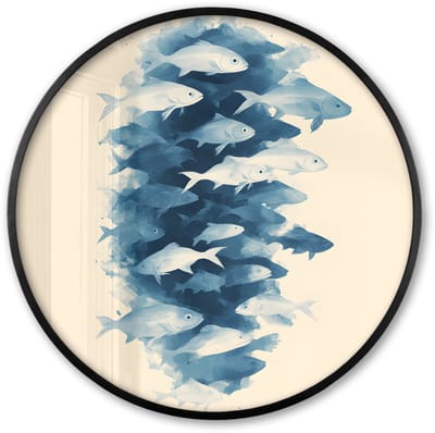 Poster in lijst Rond - Fotolijst 60x60 cm - Posters - Vissen - Minimalistisch - Blauw - Ronde posterlijst zwart - Decoratie - Wanddecoratie woonkamer - Muurdecoratie slaapkamer