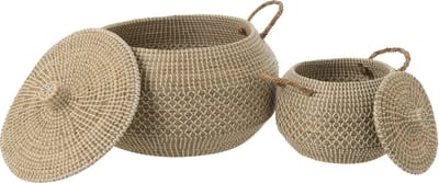 J-Line mand Handvat + Deksel - zeegras - naturel/wit - set van 2