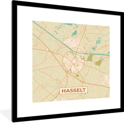 Fotolijst incl. Poster - Plattegrond - Kaart - België - Stadskaart - Hasselt - 40x40 cm - Posterlijst