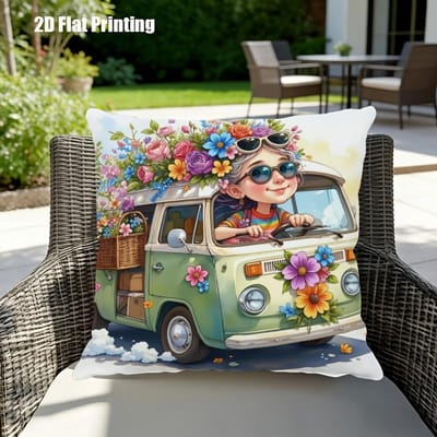Retro Bus Kussensloop, Grappige Bloemenbus Kussenhoes, Hippie Meisje Cartoon Sierkussen, Kleurrijk Voertuig Decor Zomerse Sfeer Cadeau 50x50cm
