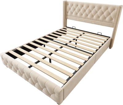 COVREO Bedframe 160x200 cm - hellbeige, stof, hoofdbord, zonder matras