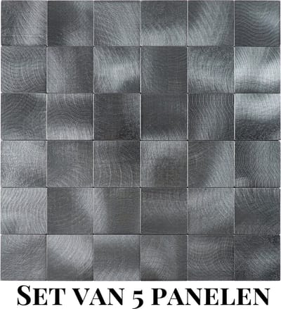 Wallways Wandpanelen - Plaktegels - Set van 5 Tegels - Tegelsticker - Zelfklevende Tegels - 4MM dik - Aluminium toplaag - Waterdicht - Krasbestendig - Hittebestendig - 3M Kleeflaag - Geborsteld Zwart