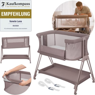 Lionelo Luna – 2-in-1 Babybedje & Co-Sleeper – Geboorte tot 9 kg – 7 Hoogtestanden – Kantelbaar Matras – Mesh Zijkanten – Wielen met Blokkade – Wasbare Hoes – Inclusief Opbergmand