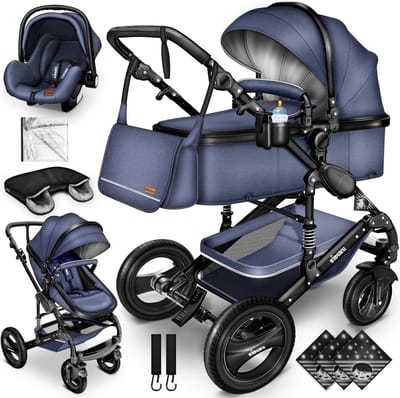 Buggy-Kinderwagen 3 in 1-kinderwagens Complete Set -One -Click Opvouwbare Kinderwagen-Kinderwagen Set voor Baby's Pasgeborenen XXL Set-(Blauw / Zwart).
