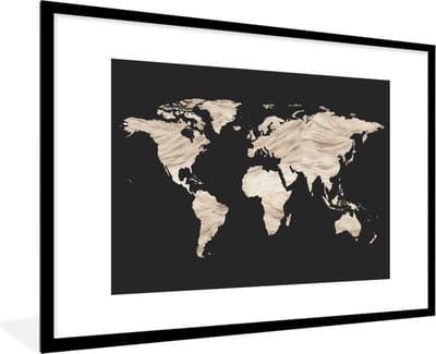 Poster in lijst - Fotolijst 90x60 cm - Posters - Wereldkaart - Beige- Zwart - Posterlijst zwart - Decoratie - Wanddecoratie woonkamer - Muurdecoratie slaapkamer