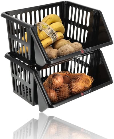 Opbergmanden Zwart – 2 Stapelkratten voor Groente en Fruit – Keuken Organizer – Kunststof Mandenset – Voorraadkast Manden