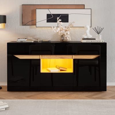 Sideboard 140 x 40 x 70 cm - 4 Lades, 2 Vakken en LED Verlichting - Hoogglans - Zwart/Houtkleur