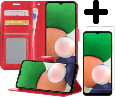 Hoesje - Met Screenprotector - Geschikt voor Samsung Galaxy A22 4G - Luxe Pasjeshouder - Bookcase Portemonee - Flip Case - Kunstleer Book Case - Flipcase - Book Cover - Walletcase - Portemonneehoes - Telefoonhoesjes - Rood