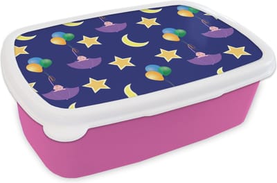 Broodtrommel Roze - Lunchbox - Brooddoos - Sterren - Patronen - Paraplu - Geboorte - 18x12x6 cm - Kinderen - Meisje