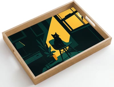 Dienblad hout 50x35 cm - Schootdienblad - Zwarte kat - Mysterieus - Gele instraal - Borrelplank rechthoek - Plateau dienbladen