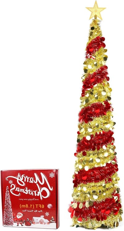 Kerstboom 180cm - Vouwbaar - Goud Rood Tinsel - Perfect voor elk interieur - SnelShoppen