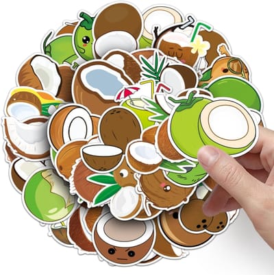 Coconut Stickers Set van 50 Stuks voor Auto, Koffer, Laptop en Skateboard - Waterdichte Fruitstickers voor Kinderen en Tieners