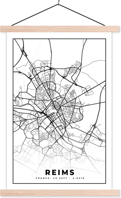 Posterhanger incl. Poster 40x60 cm - Schoolplaat - Kaart - Plattegrond - Reims - Frankrijk - Stadskaart - Zwart wit - Textielposter - Blanke latten - Stadskaart