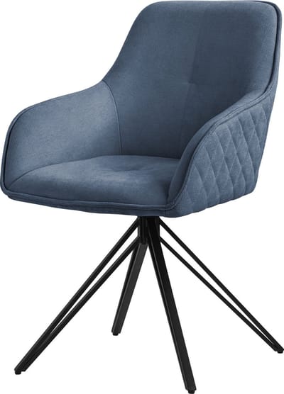 Draaibare eetkamerstoel in blauw geweven stof met rugleuning en armleuningen ML design