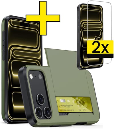 Hoesje Geschikt voor iPhone 17 Pro Hoesje Case Pashouder Hard Cover Met 2x Screenprotector - Hoes Geschikt voor iPhone 17 Pro Hoesje Met Kaarthouder - Donkergroen