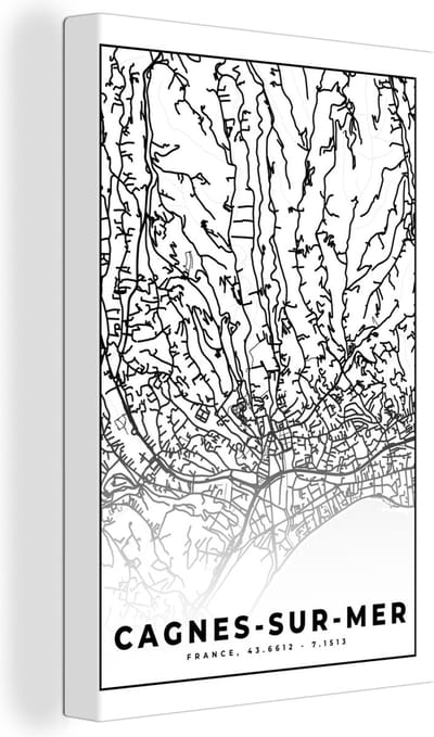 Canvas Schilderij Cagnes-sur-Mer - Frankrijk - Plattegrond - Stadskaart - Kaart - Zwart wit - 20x30 cm - Wanddecoratie