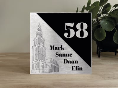 Naambordje / huisnummer voordeur Martinitoren Groningen 20x20cm rvs-look