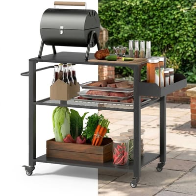 Buitenkeuken op Wielen – BBQ Trolley – Met Opbergkast & Planken – Werktafel voor Buiten – Hout & Metaal – Multifunctioneel – Zwart