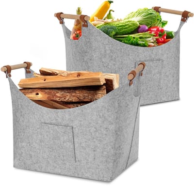 2x Houtmand vilt - 45x40x32cm - 3 mm dik vilt - opvouwbare brandhoutmand - Haardhoutopslag - Lichtgrijs