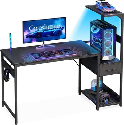 Gaming Bureau met LED Verlichting - Computerbureau met Opbergruimte, Stoffen Lade en Hoofdtelefoonhaak - Omkeerbaar Bureau met Koolstofvezel Werkblad - 120 x 48 x 115 cm - Gaming Desk voor PC, Thuiswerken en Studeren