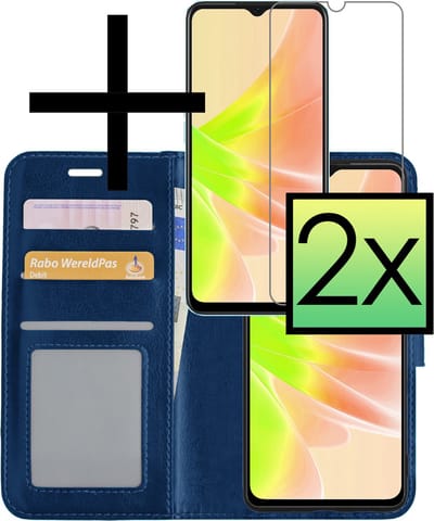 Hoesje - Met 2x Screenprotector - Geschikt voor OPPO A57 - Luxe Pasjeshouder - Bookcase Portemonee - Flip Case - Kunstleer Book Case - Flipcase Hoes - Book Cover - Walletcase - Portemonneehoes - Donkerblauw