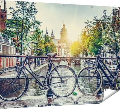 Gards Tuinposter Amsterdamse Brug bij een Gracht met Zonsondergang - 160x120 cm - Tuindoek - Tuindecoratie - Wanddecoratie buiten - Tuinschilderij
