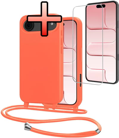 Hoes Geschikt voor iPhone Air Met Telefoonkoord Met Screenprotector - Siliconen Hoesje Backcover Met Ketting - Papaya