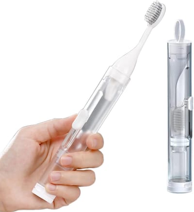 Reistandenborstel - 3-in-1 set - Mondverzorging onderweg - Ingebouwde tandpastabuis - 16.8 cm - Wit