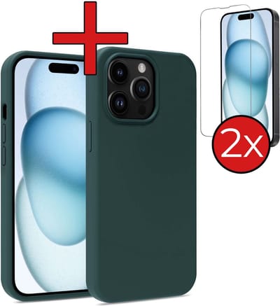 Hoesje - Met 2x Screenprotector - Geschikt voor Apple iPhone 15 Pro - Sterk & Shockproof - Telefoon Hoes - Back Cover - Siliconen Case - Telefoonhoes - Donkergroen