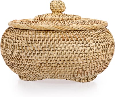 opbergdoos van rotan met deksel, natuurlijke kisten voor brood, groenten, fruit, levensmiddelen, sleutels, kabels, afstandsbedieningen, bril als fruit-/snackmand, bureau-organisator