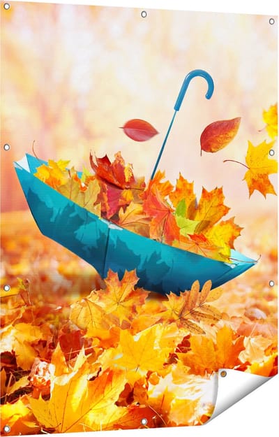 Gards Tuinposter Blauwe Paraplu in de Herfstbos met Bladeren - 90x120 cm - Tuindoek - Tuindecoratie - Wanddecoratie buiten - Tuinschilderij