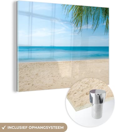 MuchoWow® Glasschilderij 160x120 cm - Schilderij acrylglas - Strand - Tropisch - Palm - Foto op glas - Muurdecoratie woonkamer - Wanddecoratie slaapkamer - Schilderijen